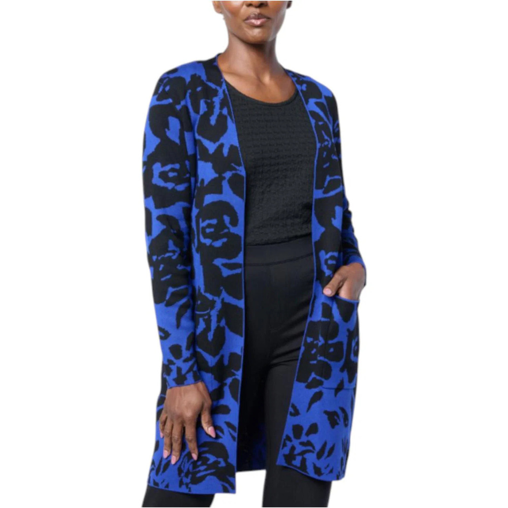 Nina Leonard Women's Sweater Jacquard Cardigan Deep Sapphire/Black - Regular